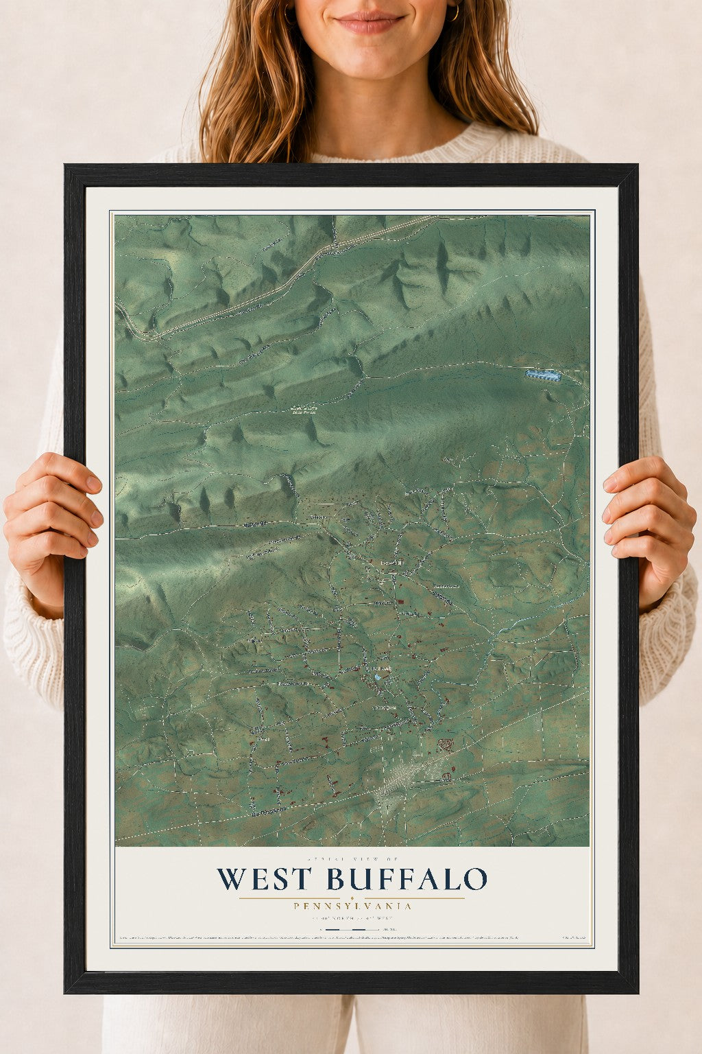 Map of West Buffalo, Pennsylvania, 18 x 24 inch print in a black wood frame