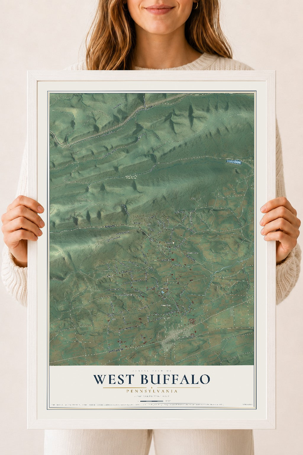 Map of West Buffalo, Pennsylvania, 18 x 24 inch print in a white wood frame