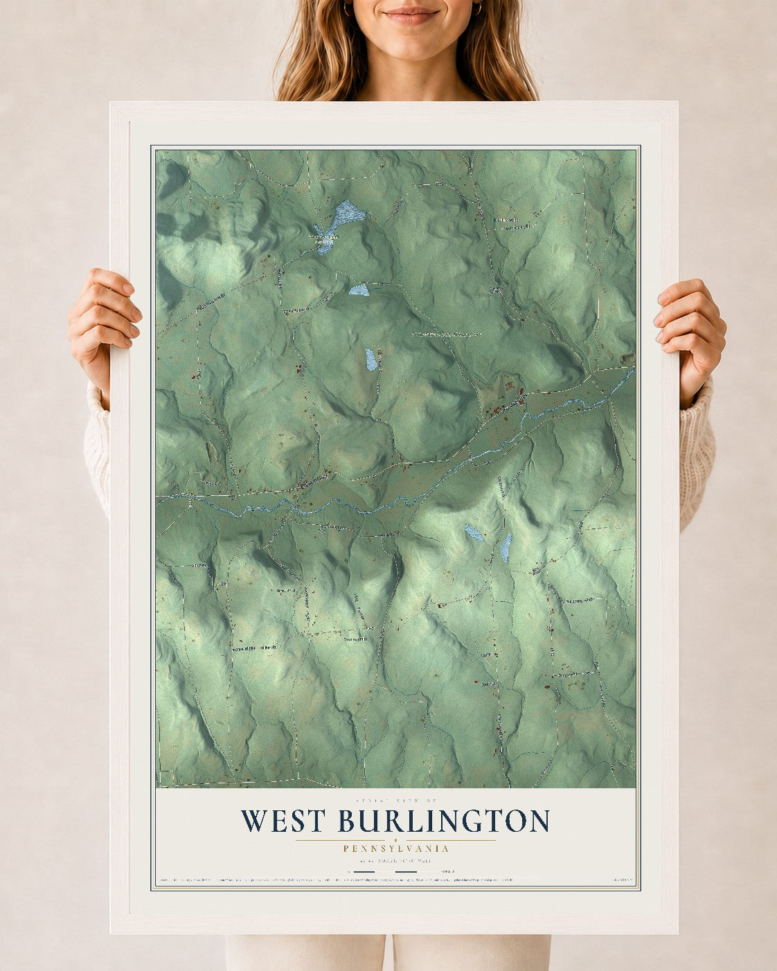 Map of West Burlington, Pennsylvania, 24 x 36 inch print in a white wood frame