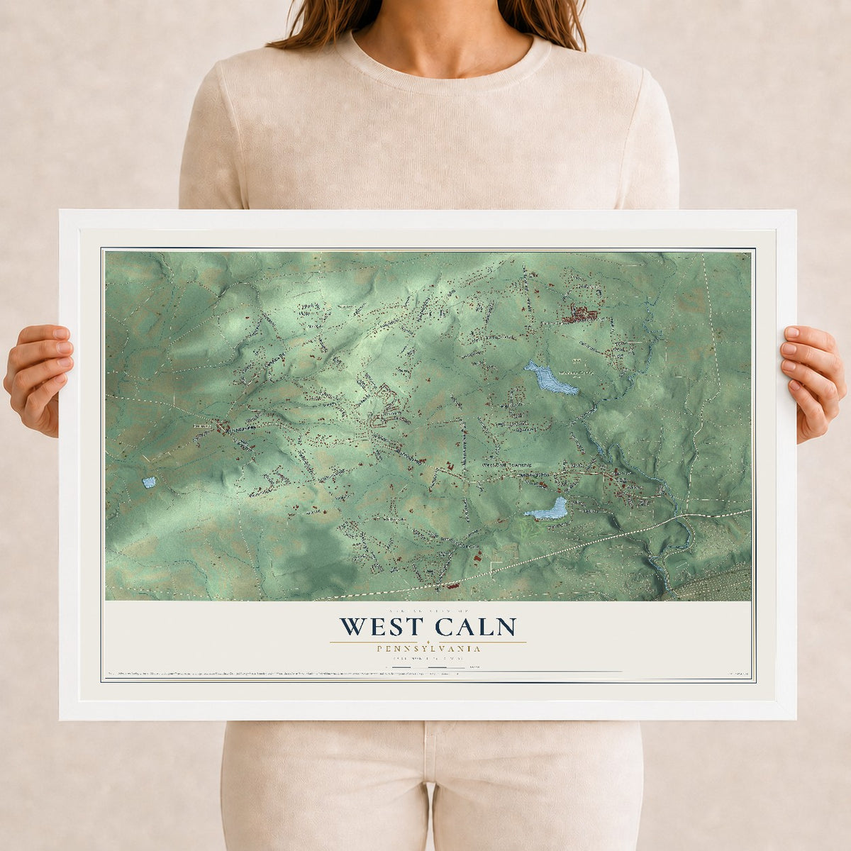 Map of West Caln, Pennsylvania, 12 x 18 inch print in a white wood frame