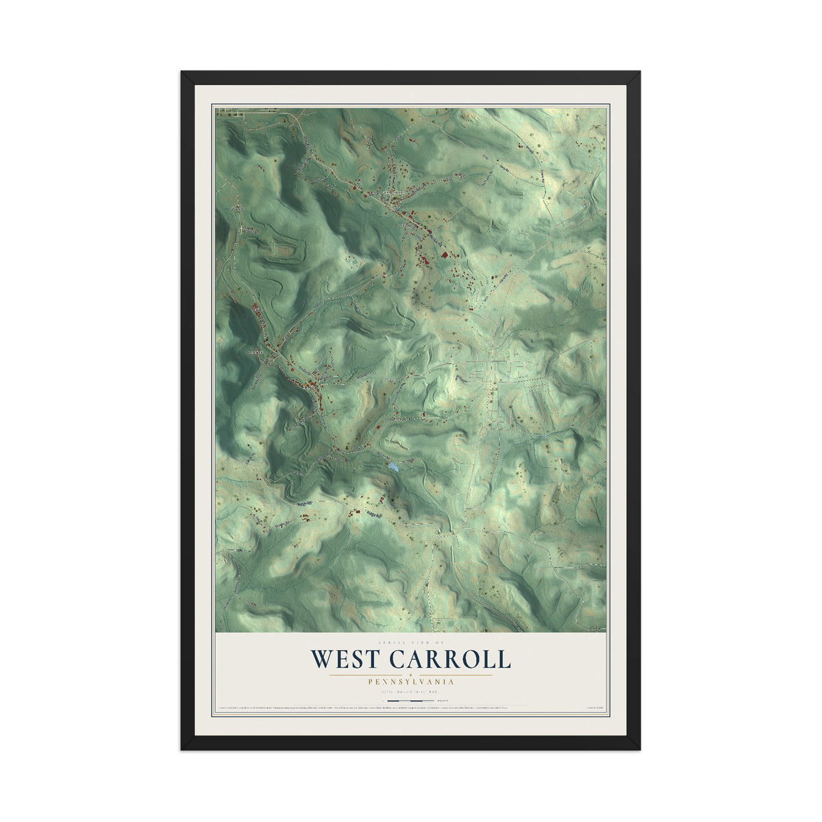 Map of West Carroll, Pennsylvania, 12 x 18 inch print in a black wood frame