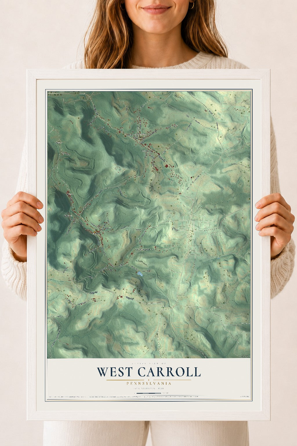 Map of West Carroll, Pennsylvania, 18 x 24 inch print in a white wood frame