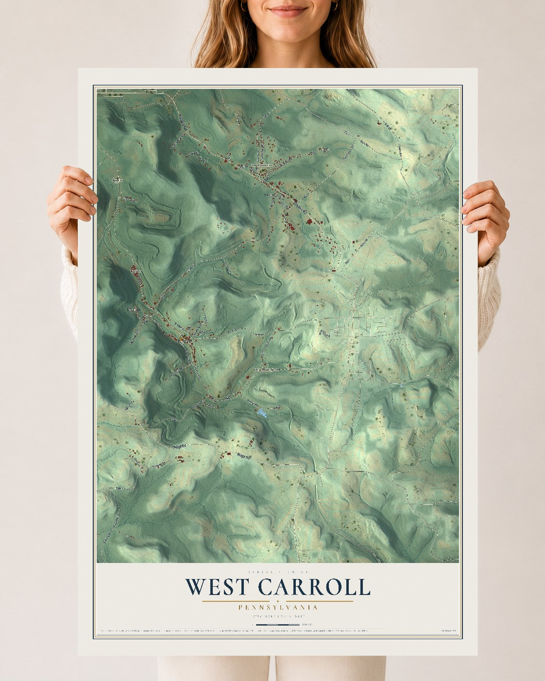 Map of West Carroll, Pennsylvania, 24 x 36 inch unframed archival matte print