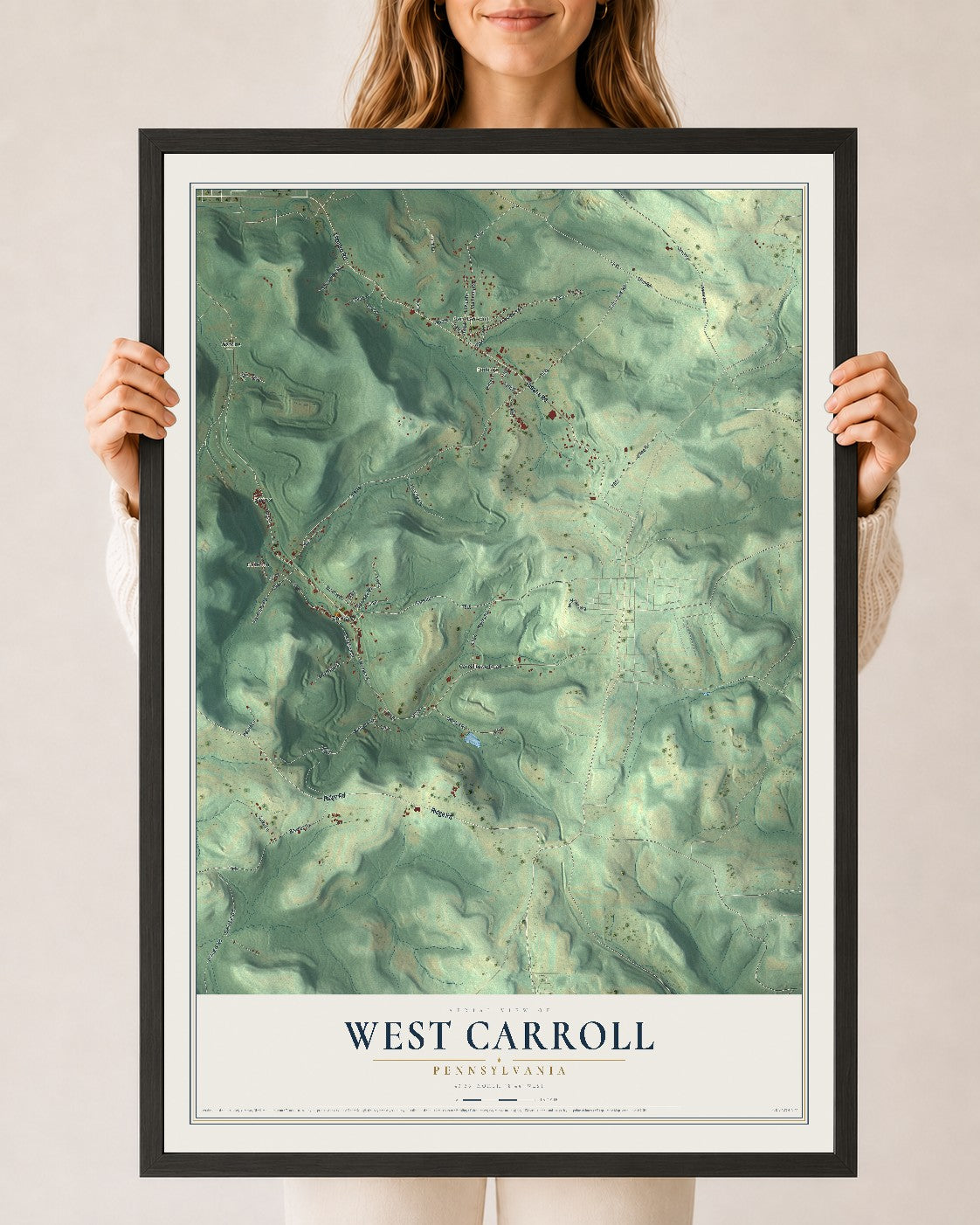 Map of West Carroll, Pennsylvania, 24 x 36 inch print in a black wood frame