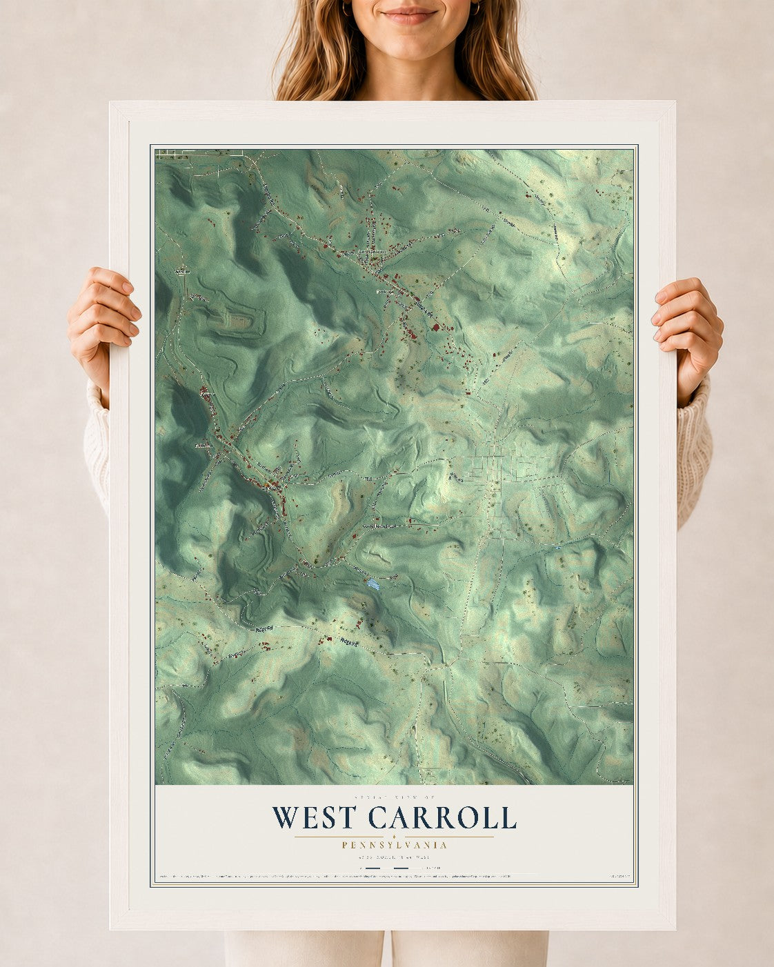 Map of West Carroll, Pennsylvania, 24 x 36 inch print in a white wood frame