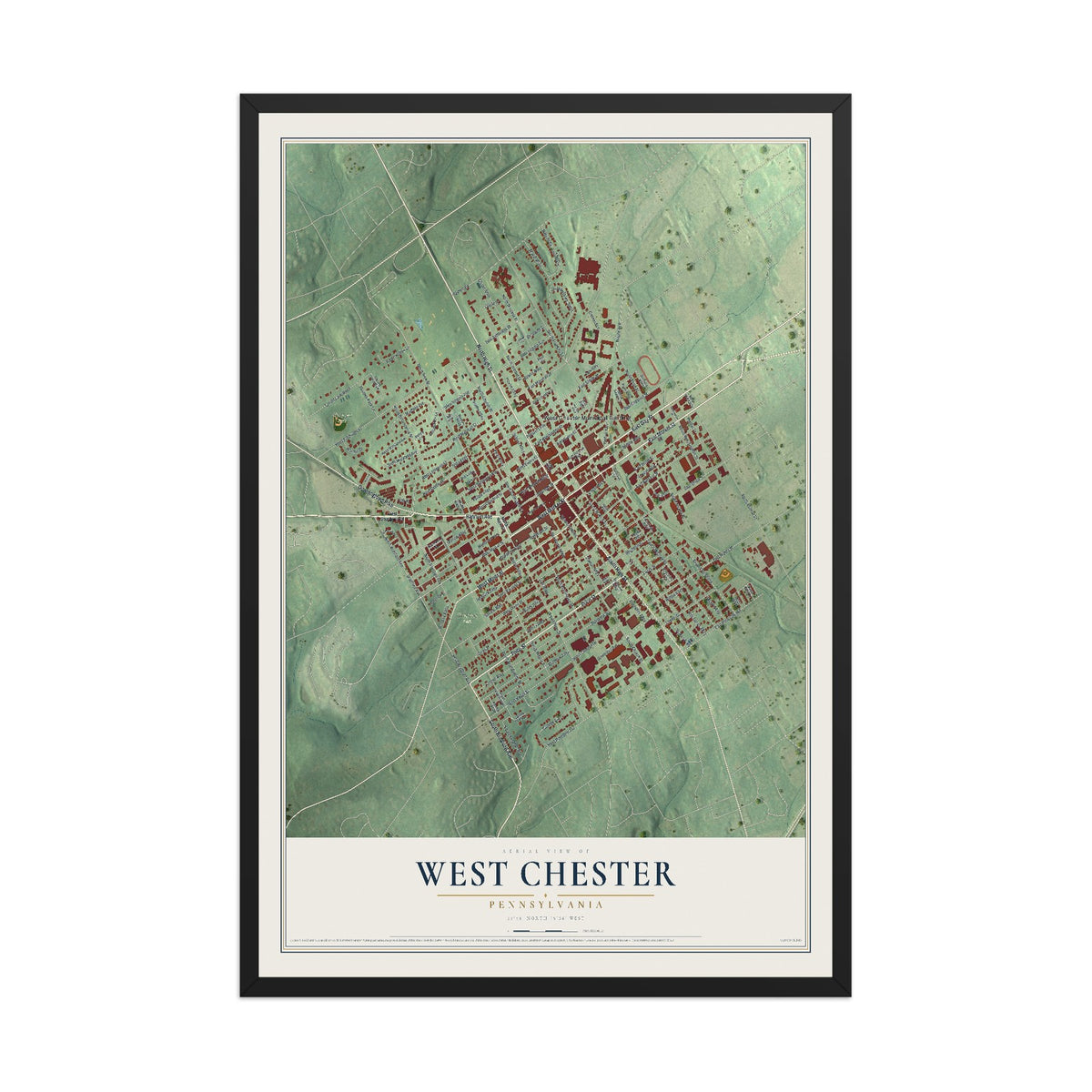 Map of West Chester, Pennsylvania, 12 x 18 inch print in a black wood frame