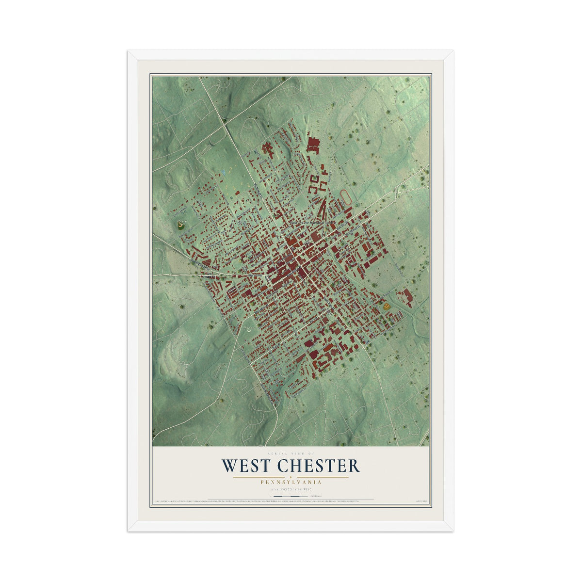 Map of West Chester, Pennsylvania, 12 x 18 inch print in a white wood frame