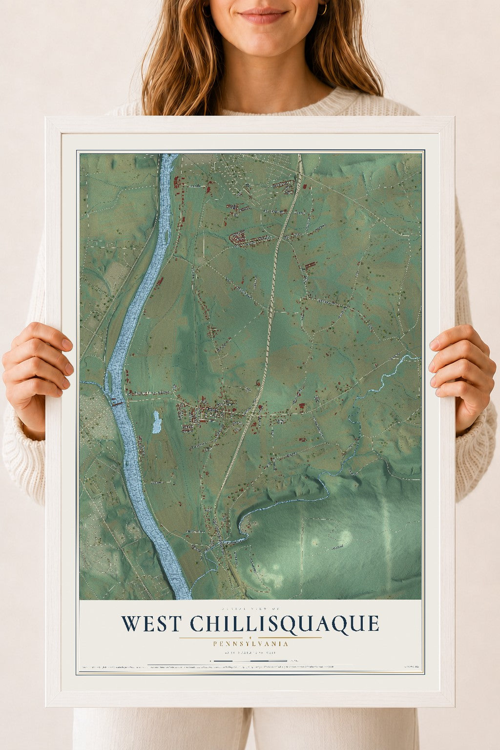 Map of West Chillisquaque, Pennsylvania, 18 x 24 inch print in a white wood frame