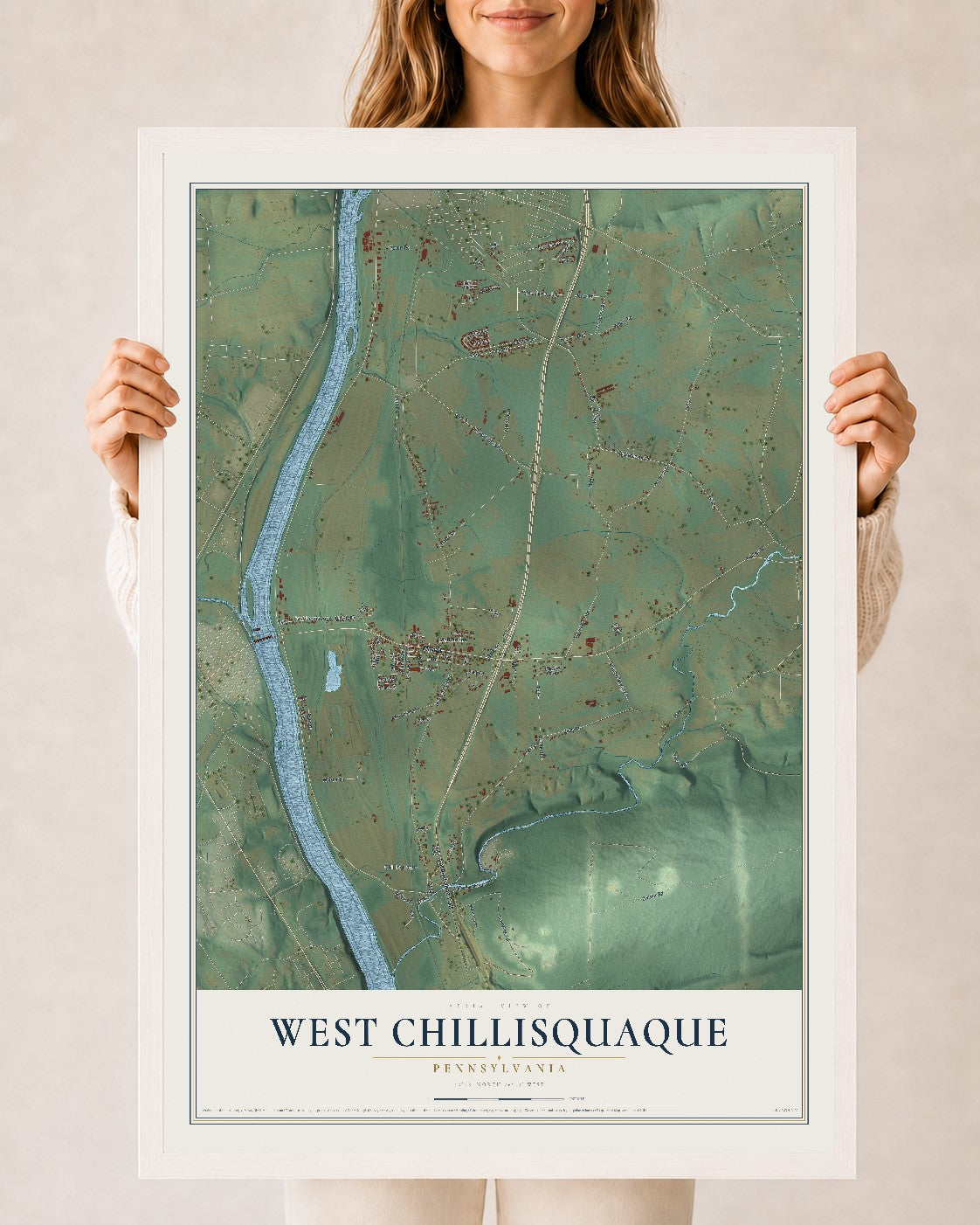Map of West Chillisquaque, Pennsylvania, 24 x 36 inch print in a white wood frame