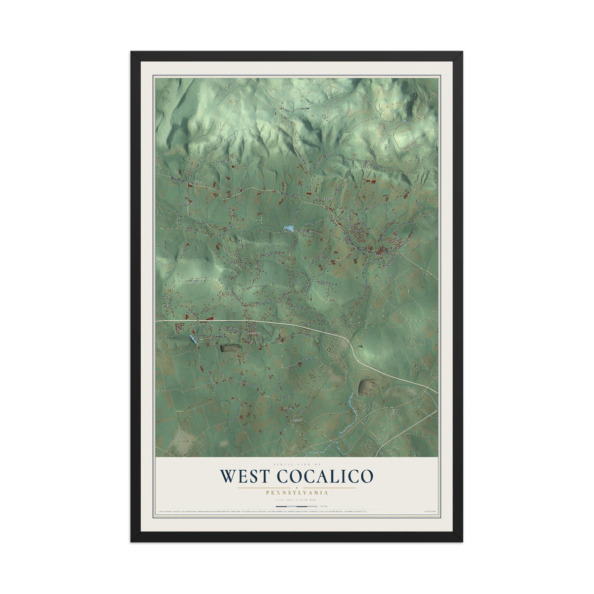 Map of West Cocalico, Pennsylvania, 12 x 18 inch print in a black wood frame