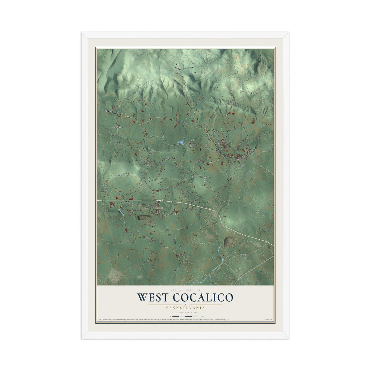 Map of West Cocalico, Pennsylvania, 12 x 18 inch print in a white wood frame
