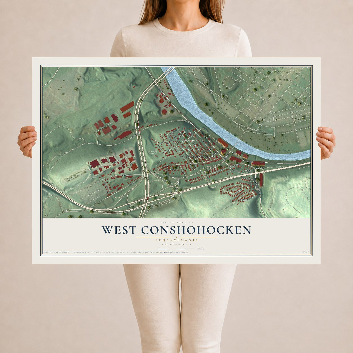Map of West Conshohocken, Pennsylvania, 24 x 36 inch unframed archival matte print