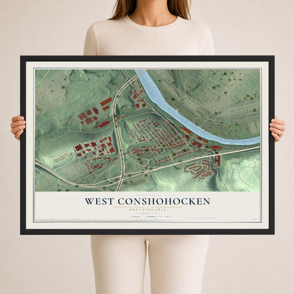 Map of West Conshohocken, Pennsylvania, 24 x 36 inch print in a black wood frame