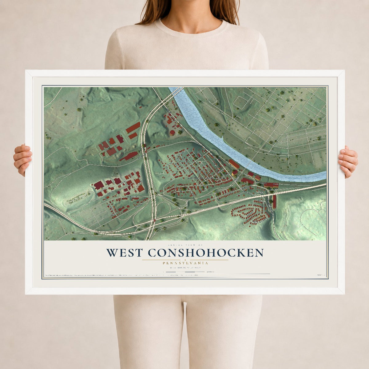 Map of West Conshohocken, Pennsylvania, 24 x 36 inch print in a white wood frame