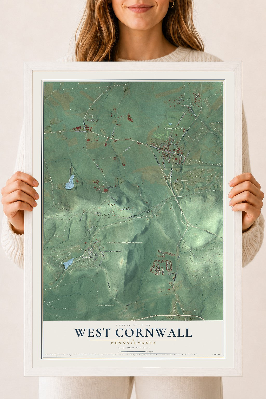 Map of West Cornwall, Pennsylvania, 18 x 24 inch print in a white wood frame