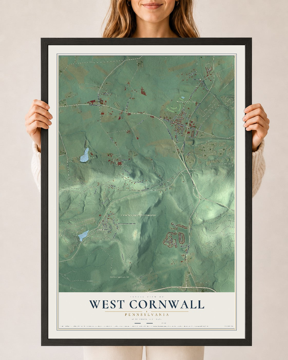 Map of West Cornwall, Pennsylvania, 24 x 36 inch print in a black wood frame