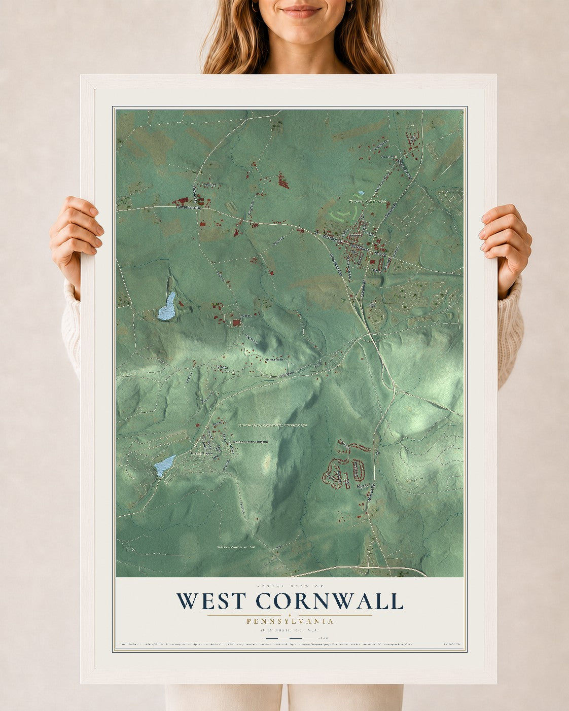 Map of West Cornwall, Pennsylvania, 24 x 36 inch print in a white wood frame