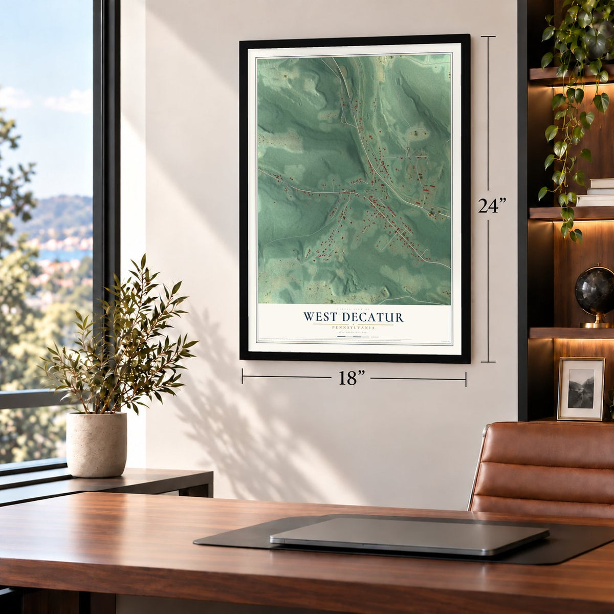 West Decatur, Pennsylvania map, 18 x 24 inch print in a black frame in a home office
