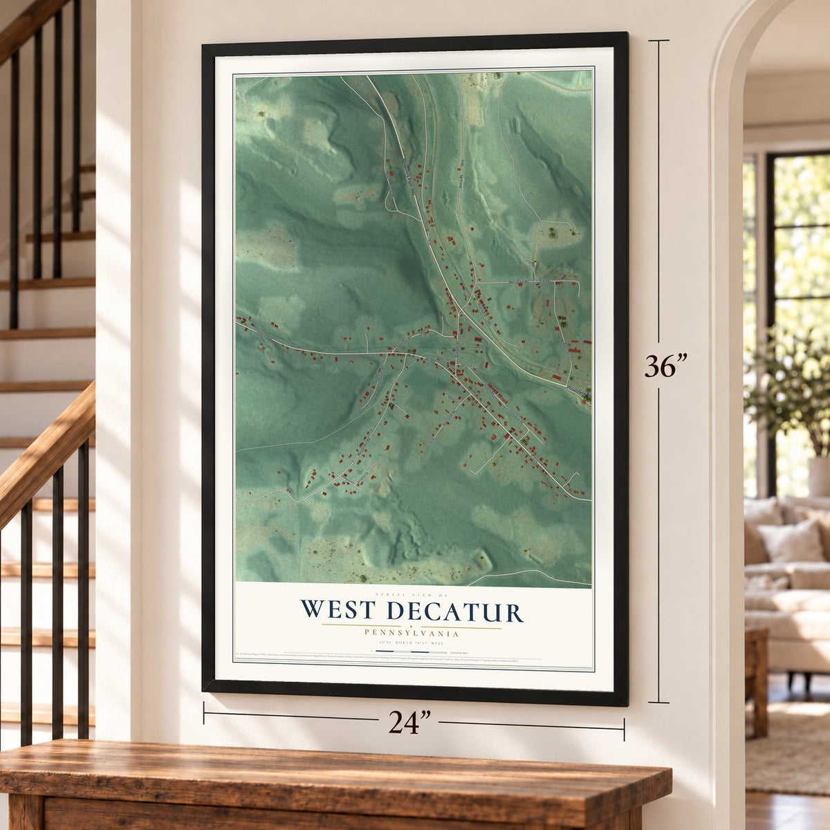 West Decatur, Pennsylvania map, 24 x 36 inch print in a black frame by a staircase