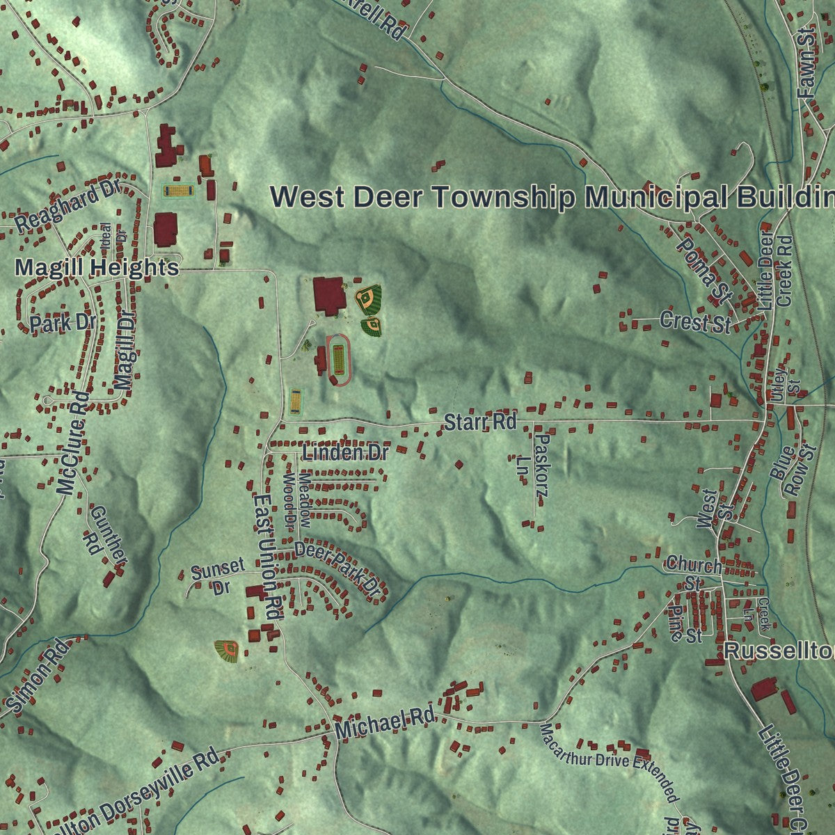 Close-up of the map of West Deer, Pennsylvania print showing street and building detail