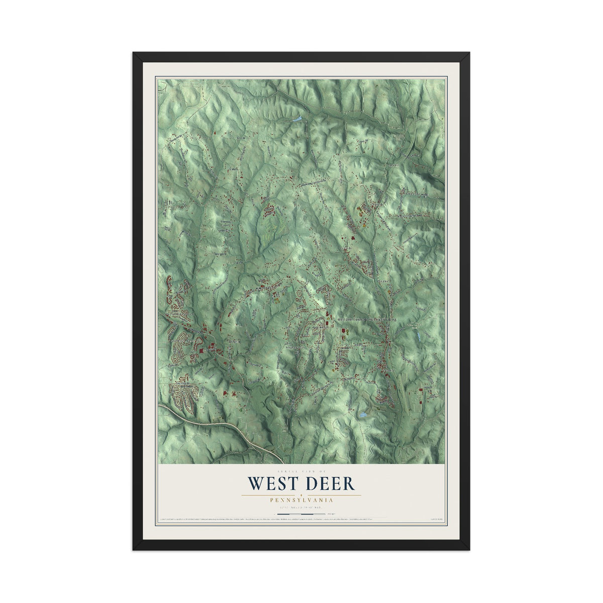 Map of West Deer, Pennsylvania, 12 x 18 inch print in a black wood frame