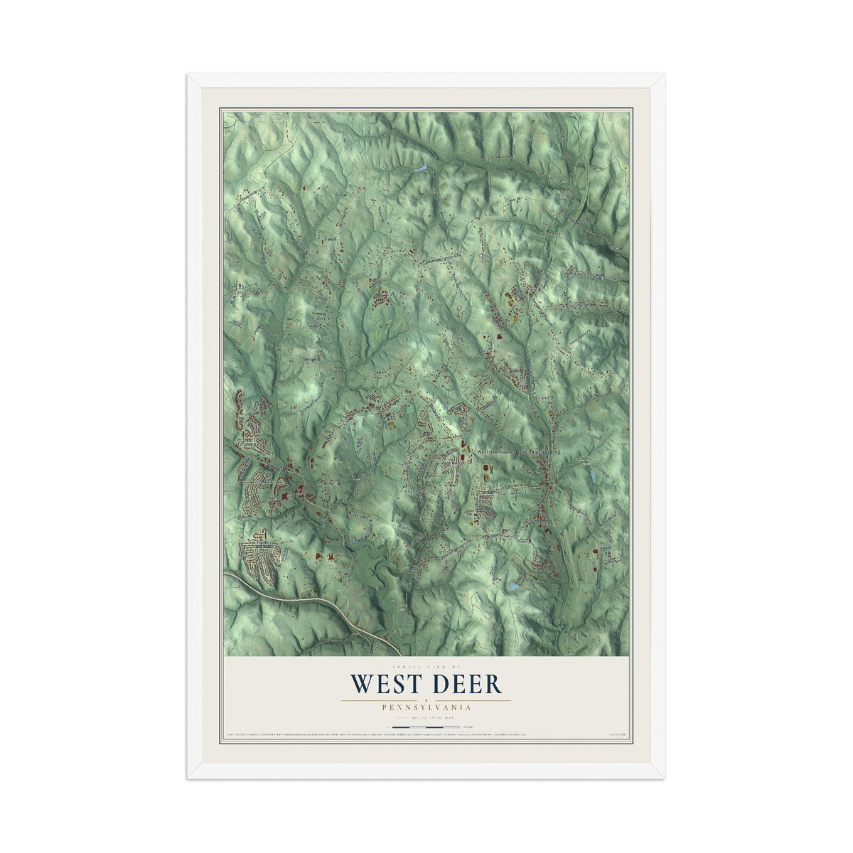 Map of West Deer, Pennsylvania, 12 x 18 inch print in a white wood frame