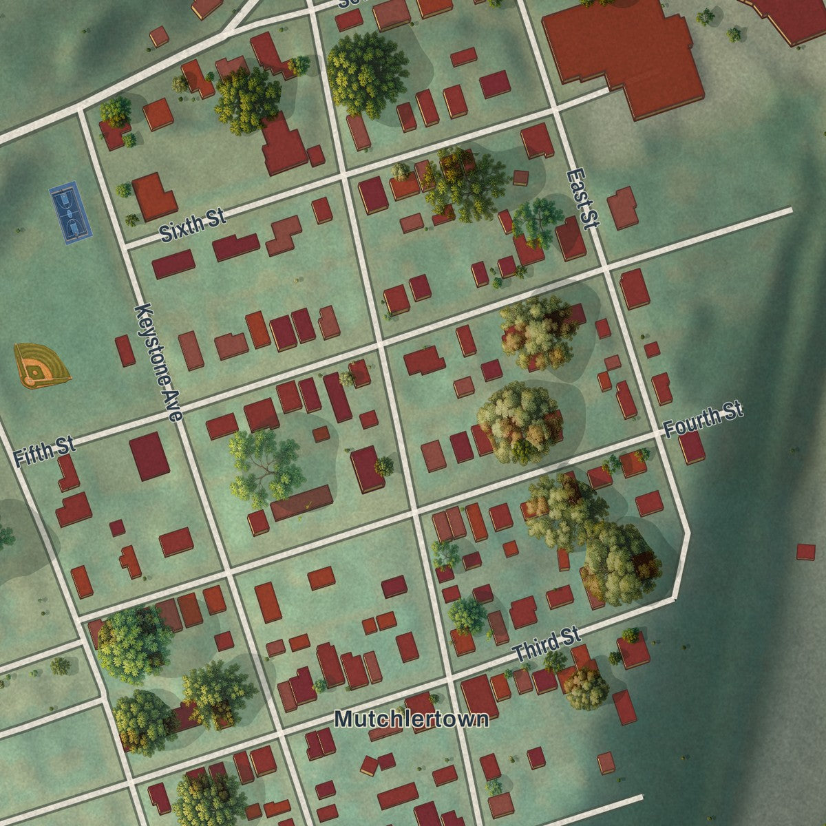 Second close-up of the map of West Easton, Pennsylvania print showing more streets and buildings