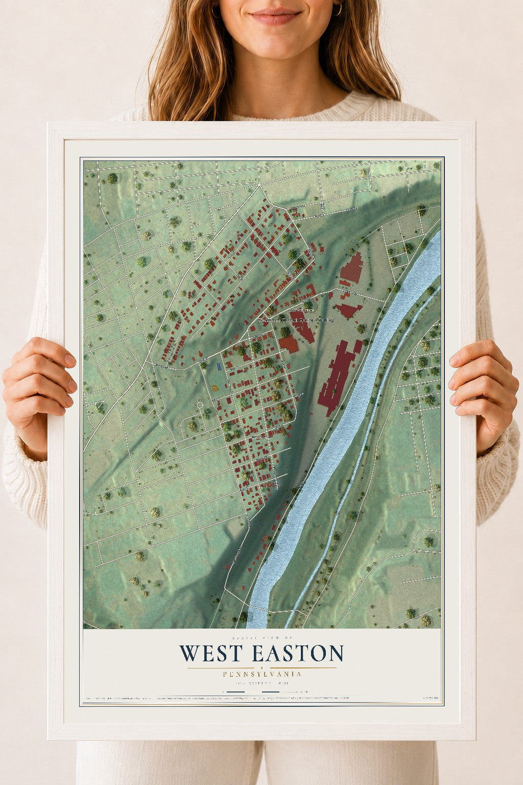 Map of West Easton, Pennsylvania, 18 x 24 inch print in a white wood frame