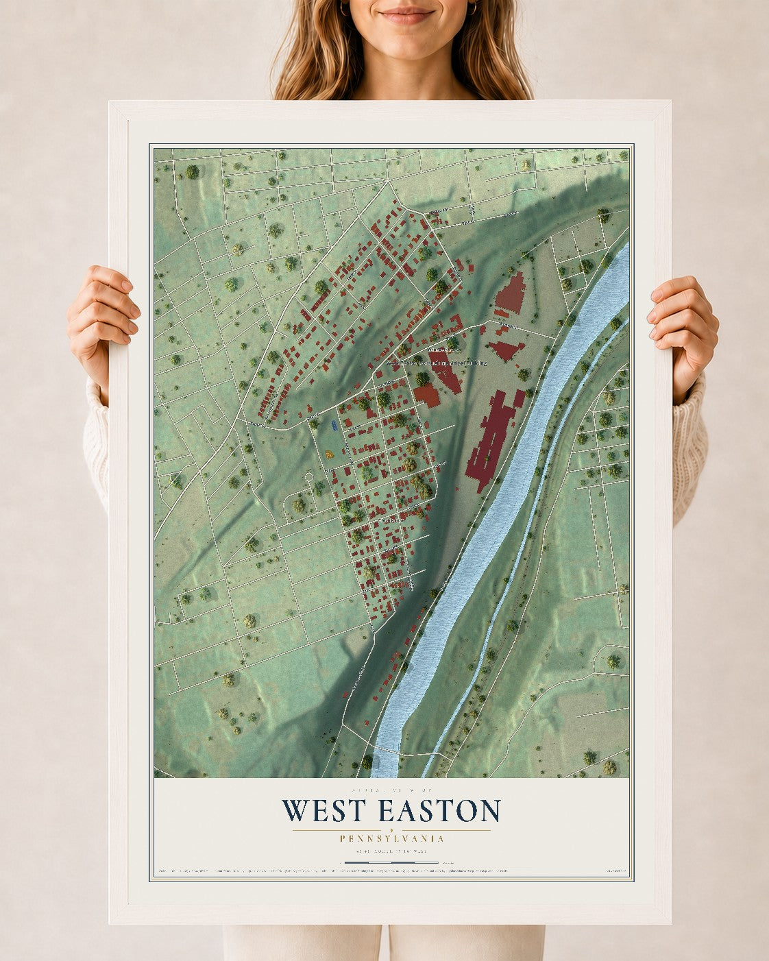 Map of West Easton, Pennsylvania, 24 x 36 inch print in a white wood frame