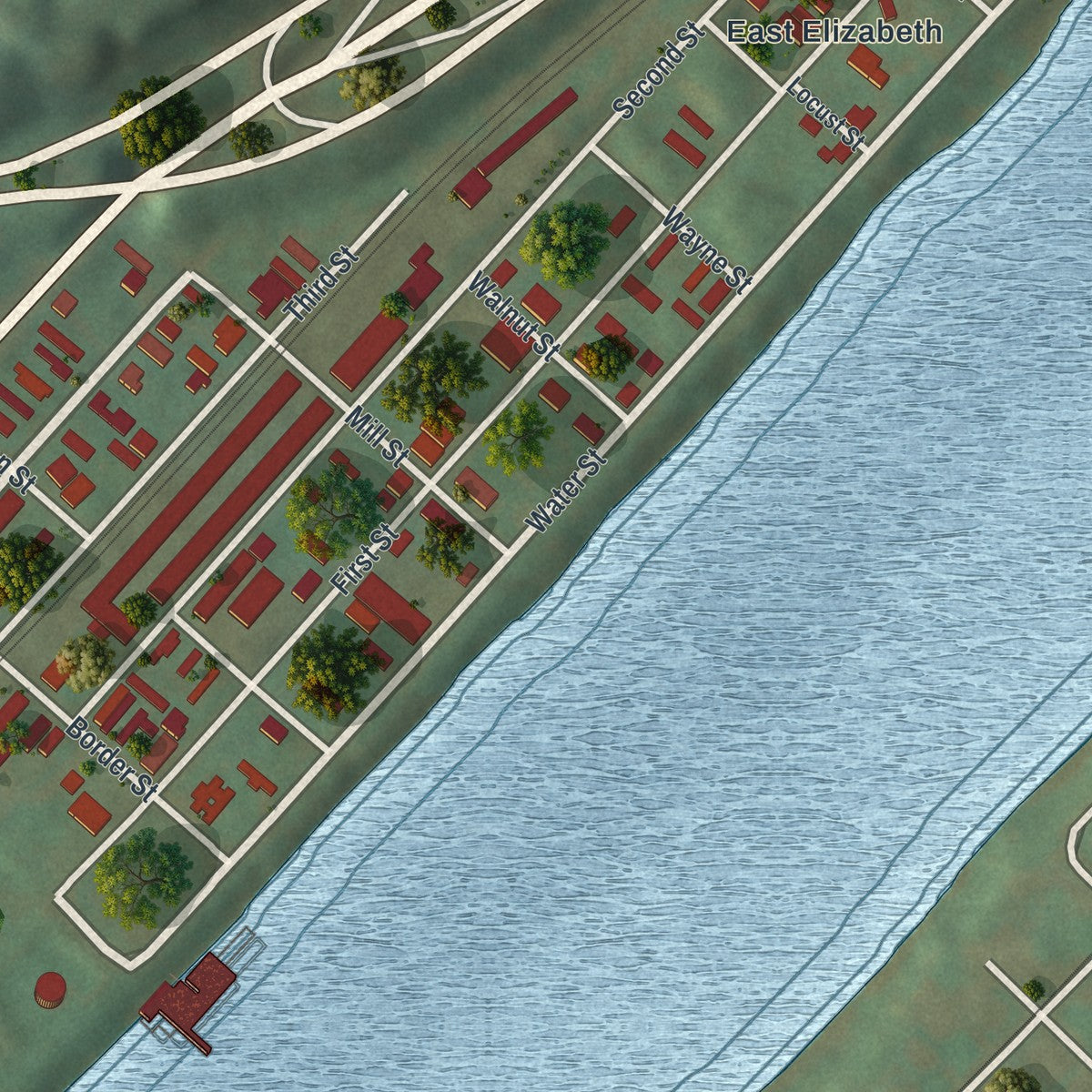 Close-up of the map of West Elizabeth, Pennsylvania print showing street and building detail