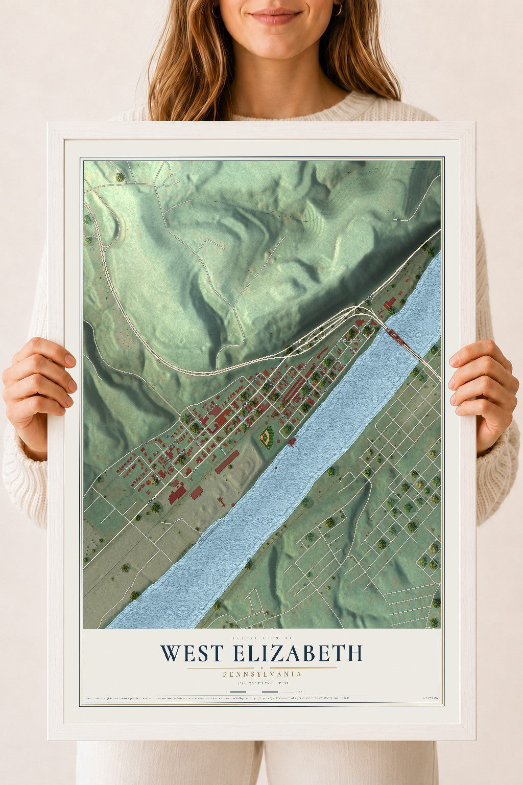 Map of West Elizabeth, Pennsylvania, 18 x 24 inch print in a white wood frame