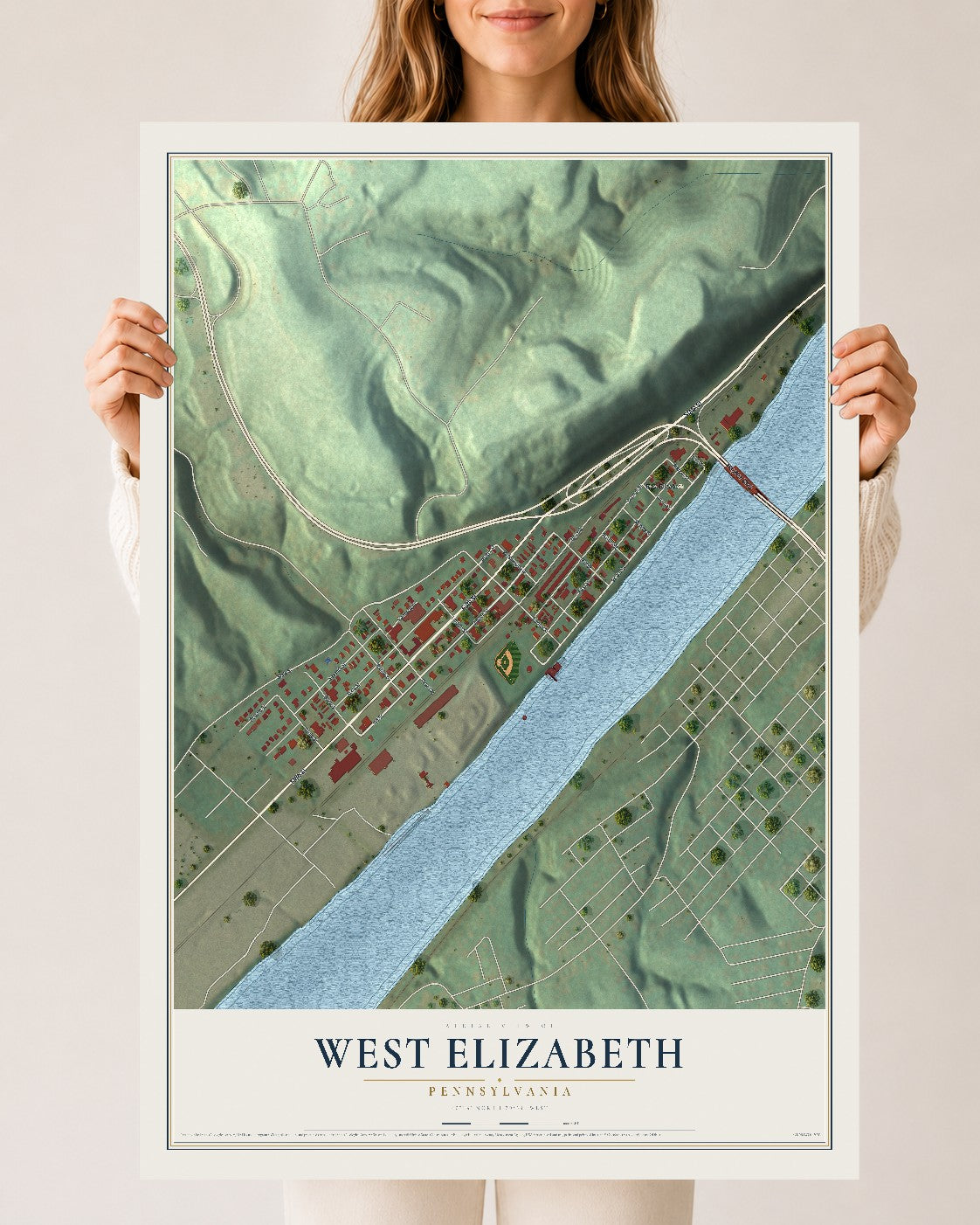 Map of West Elizabeth, Pennsylvania, 24 x 36 inch unframed archival matte print
