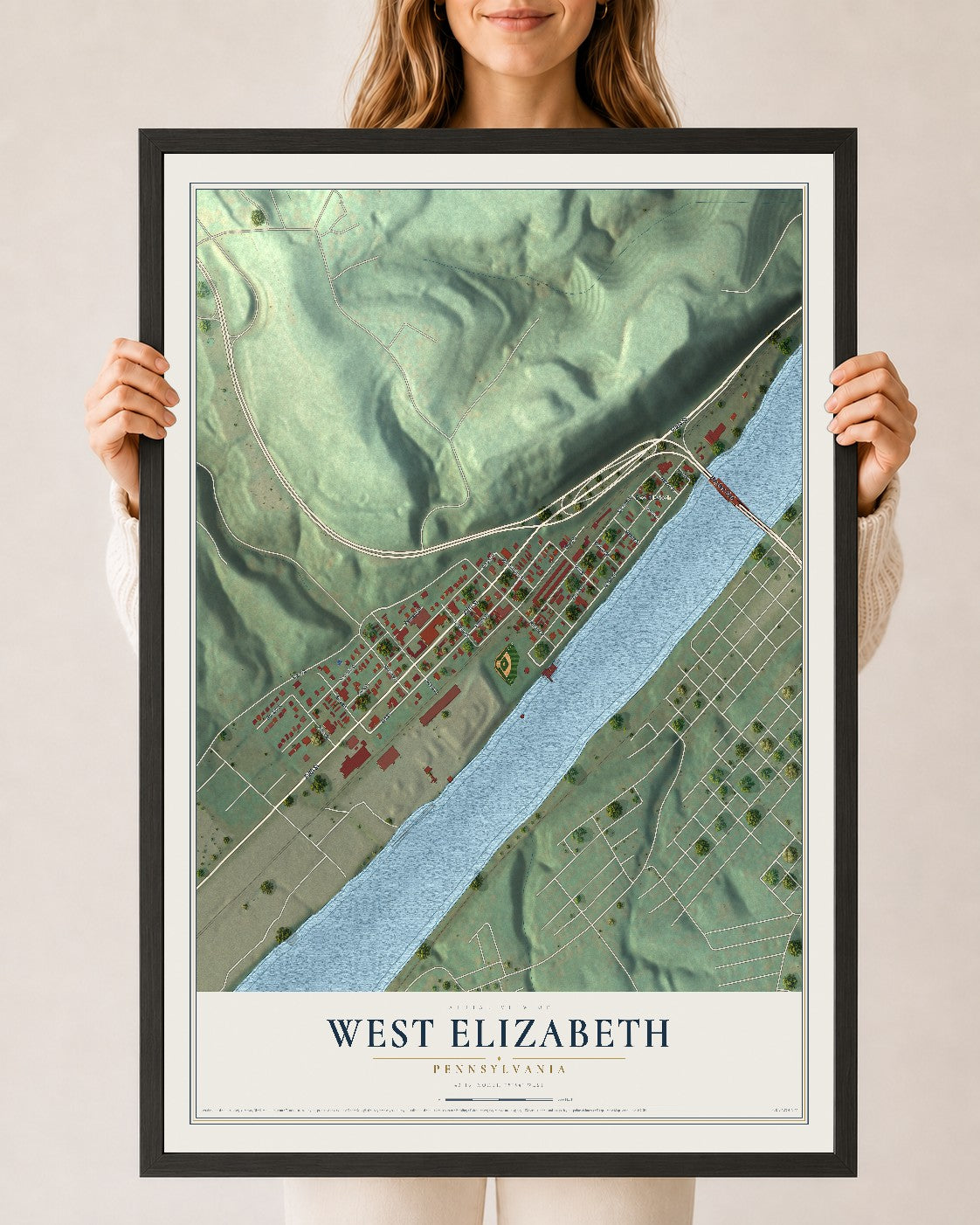 Map of West Elizabeth, Pennsylvania, 24 x 36 inch print in a black wood frame