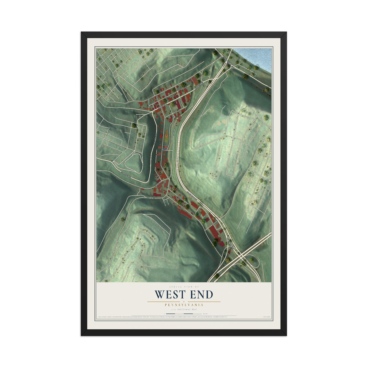 Map of West End, Pennsylvania, 12 x 18 inch print in a black wood frame