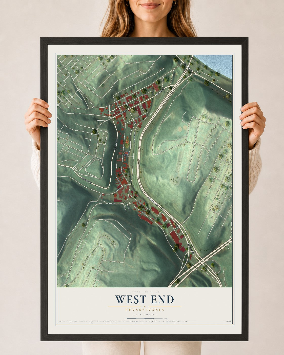 Map of West End, Pennsylvania, 24 x 36 inch print in a black wood frame