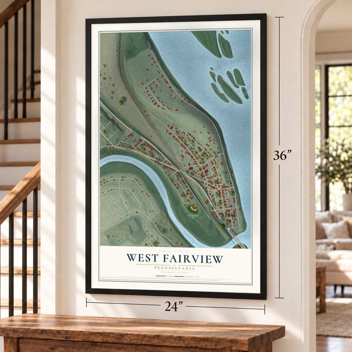 West Fairview, Pennsylvania map, 24 x 36 inch print in a black frame by a staircase
