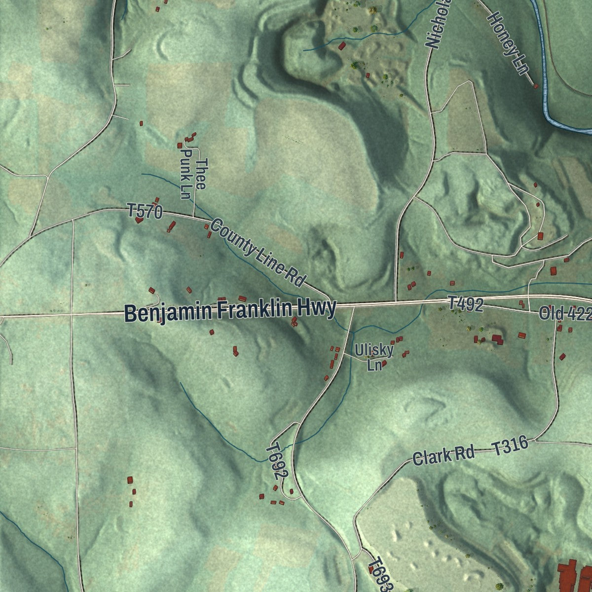Close-up of the map of West Franklin, Pennsylvania print showing street and building detail
