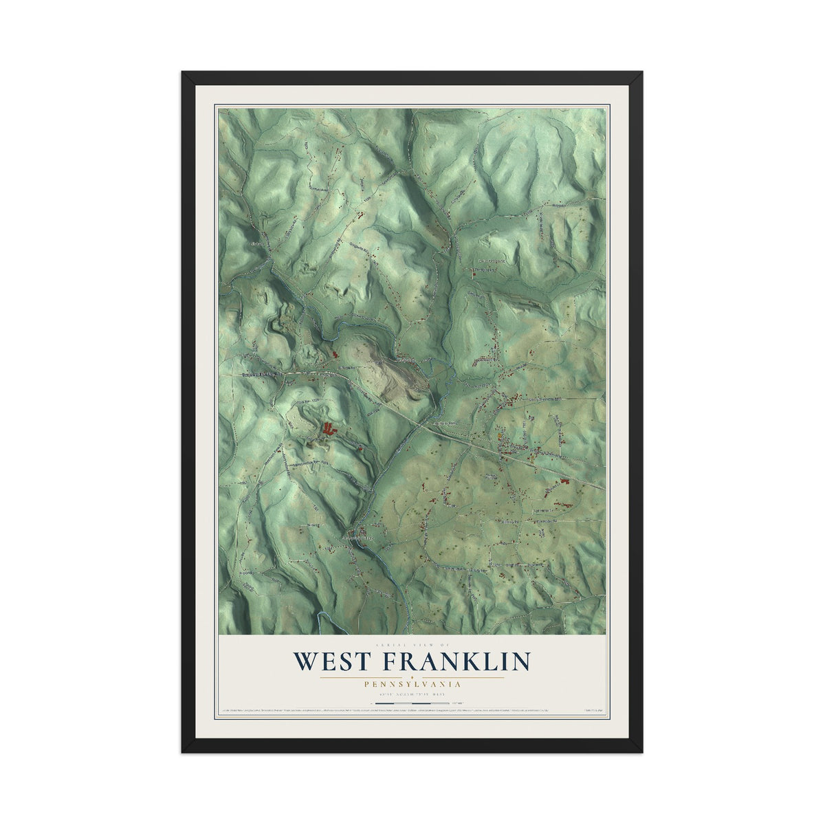 Map of West Franklin, Pennsylvania, 12 x 18 inch print in a black wood frame
