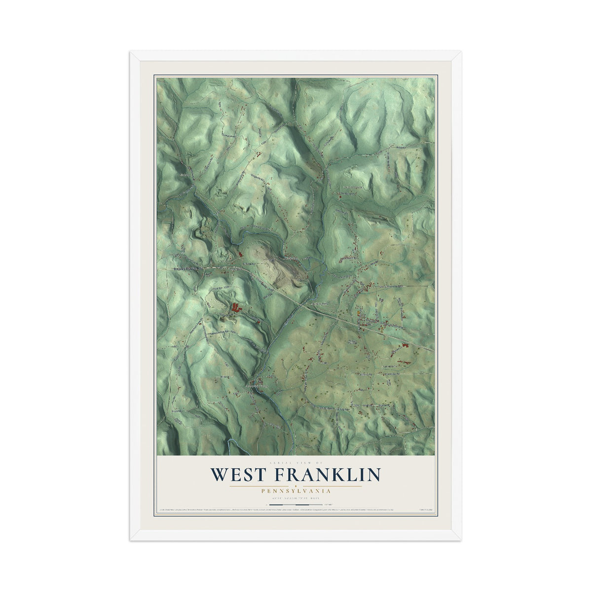 Map of West Franklin, Pennsylvania, 12 x 18 inch print in a white wood frame