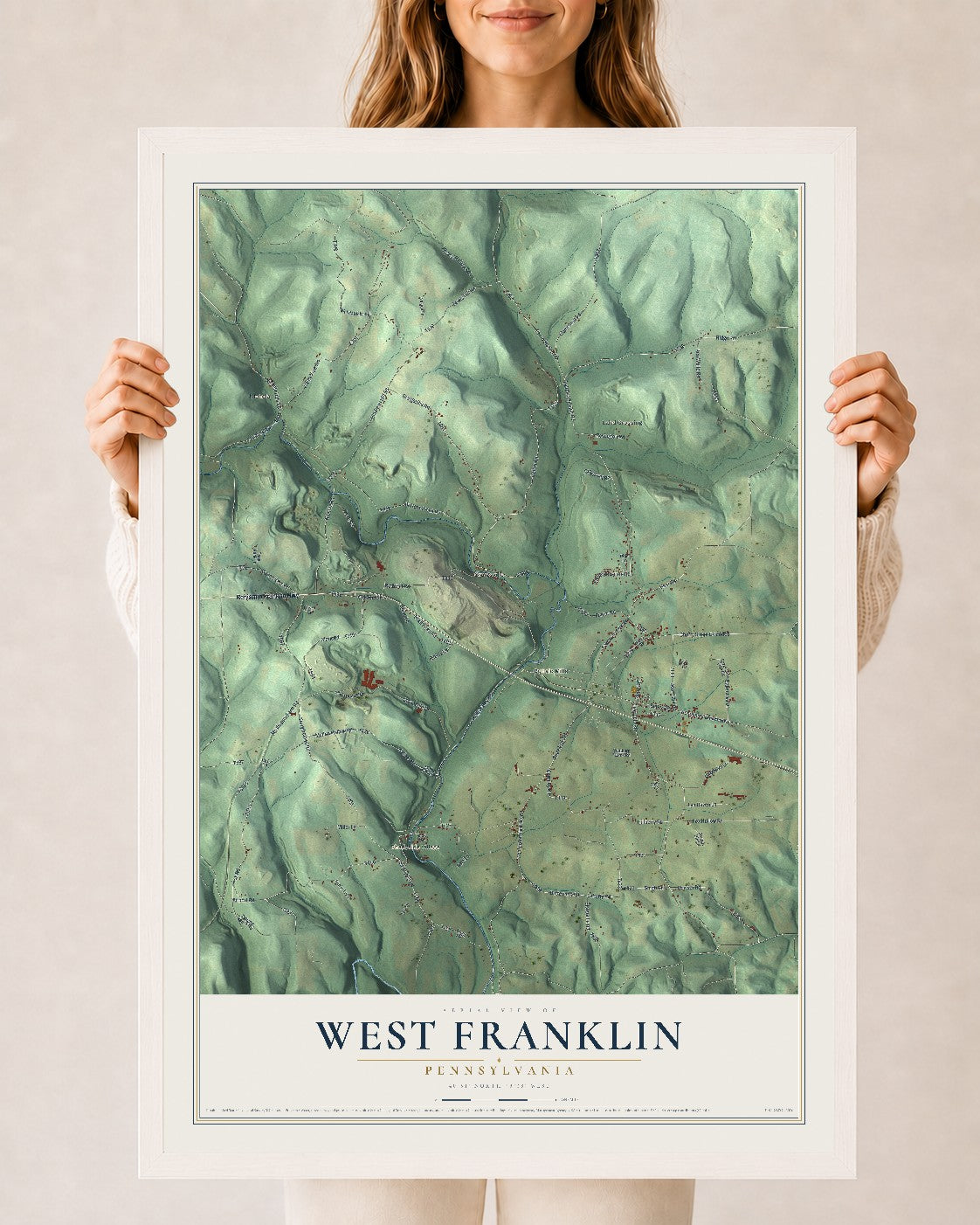 Map of West Franklin, Pennsylvania, 24 x 36 inch print in a white wood frame