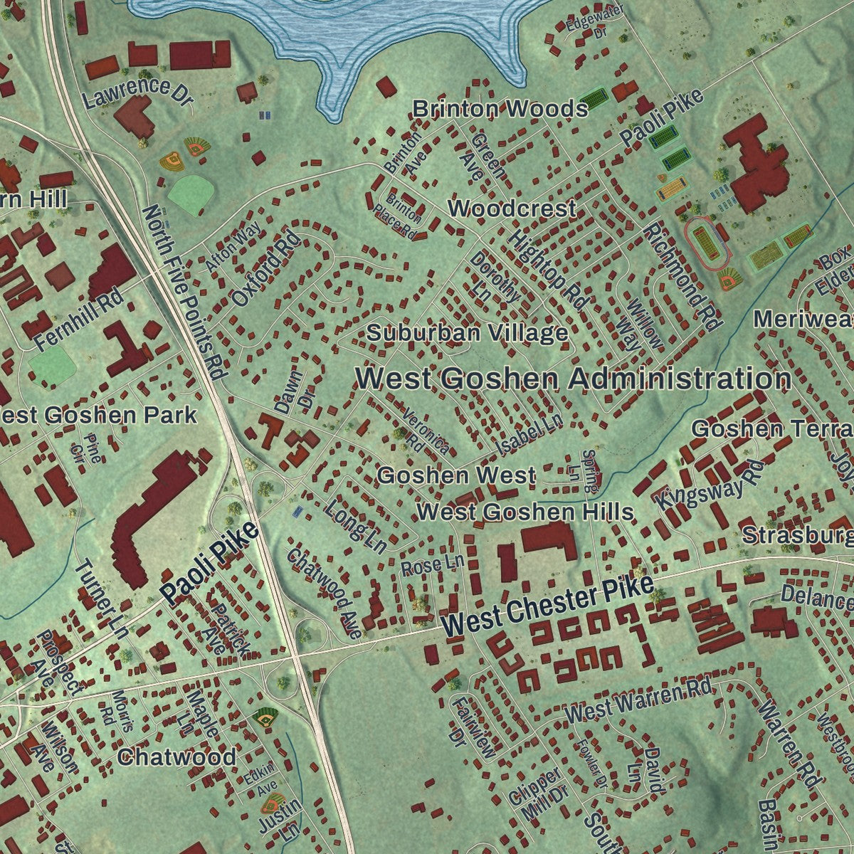 Close-up of the map of West Goshen, Pennsylvania print showing street and building detail