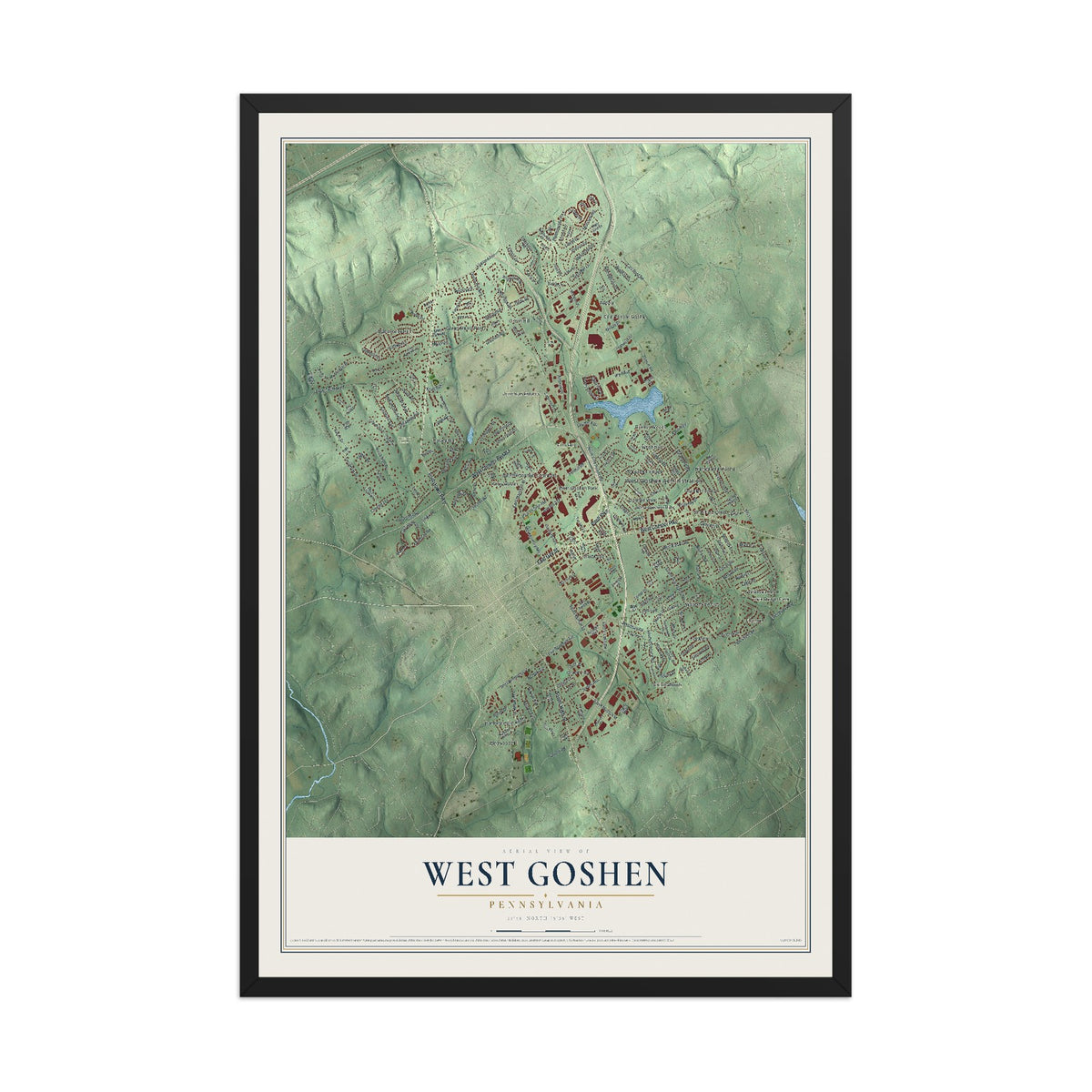 Map of West Goshen, Pennsylvania, 12 x 18 inch print in a black wood frame
