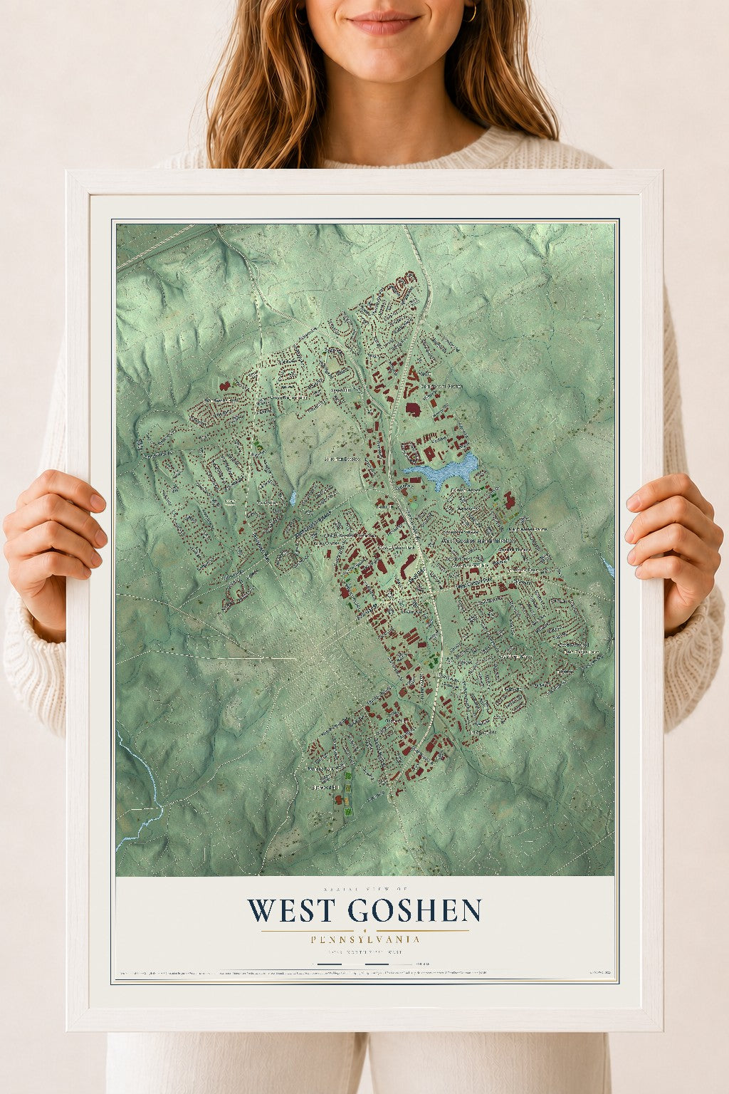 Map of West Goshen, Pennsylvania, 18 x 24 inch print in a white wood frame