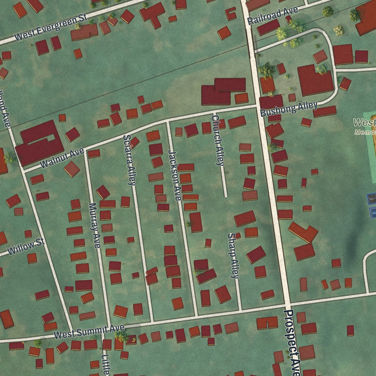 Close-up of the map of West Grove, Pennsylvania print showing street and building detail