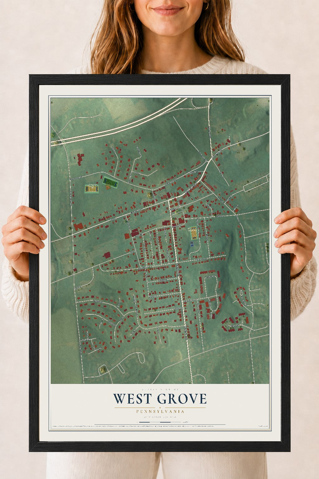 Map of West Grove, Pennsylvania, 18 x 24 inch print in a black wood frame