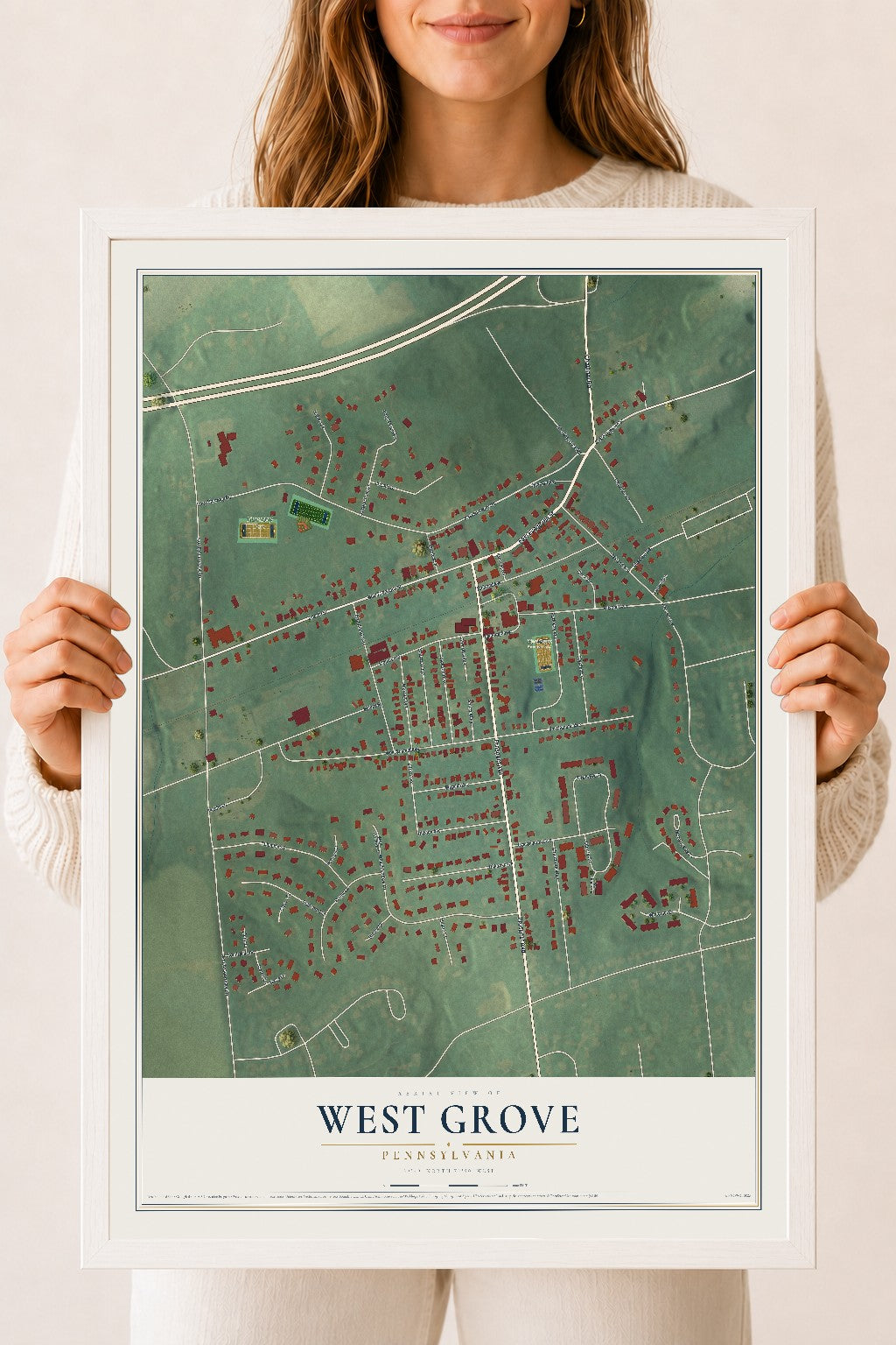 Map of West Grove, Pennsylvania, 18 x 24 inch print in a white wood frame