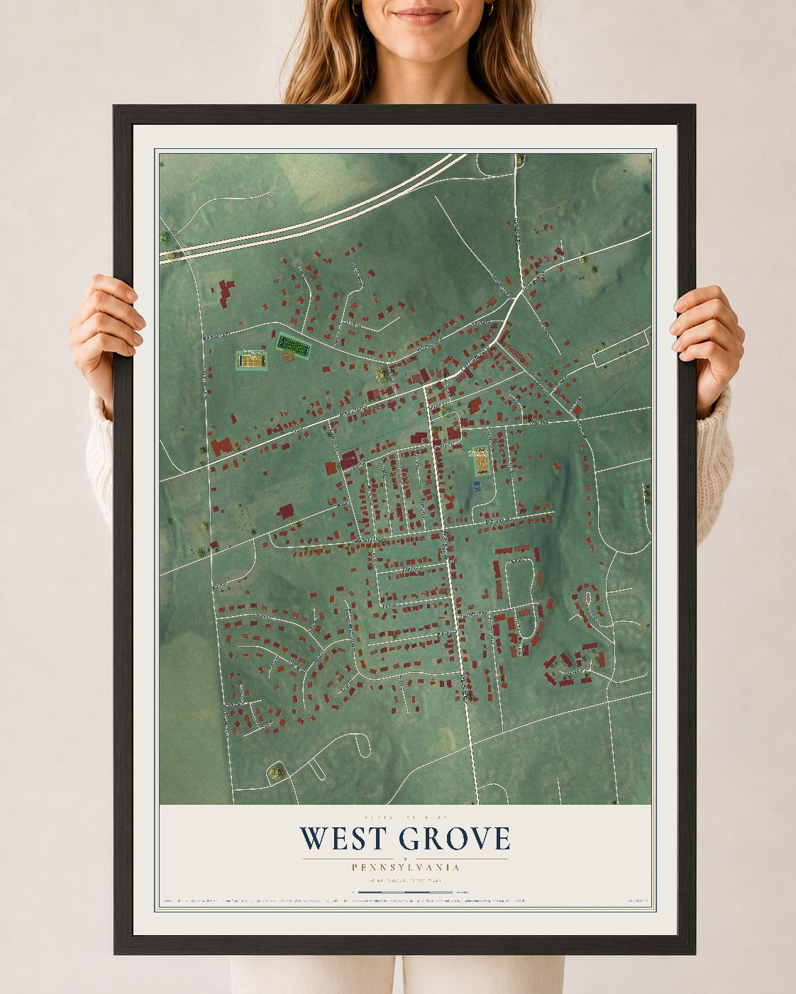 Map of West Grove, Pennsylvania, 24 x 36 inch print in a black wood frame