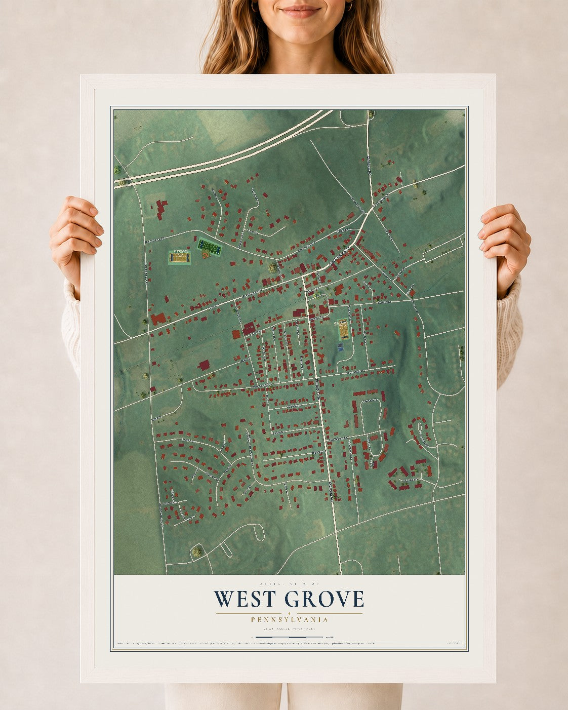 Map of West Grove, Pennsylvania, 24 x 36 inch print in a white wood frame