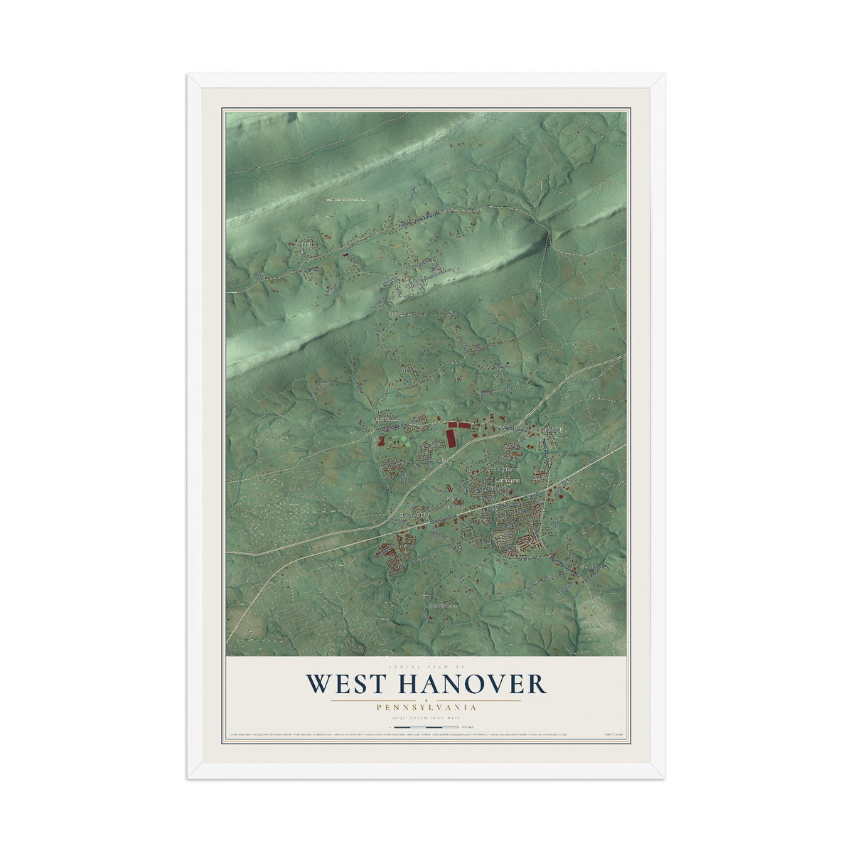 Map of West Hanover, Pennsylvania, 12 x 18 inch print in a white wood frame