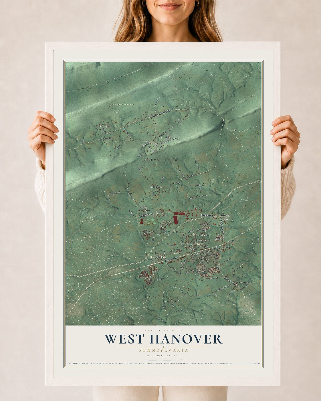 Map of West Hanover, Pennsylvania, 24 x 36 inch print in a white wood frame